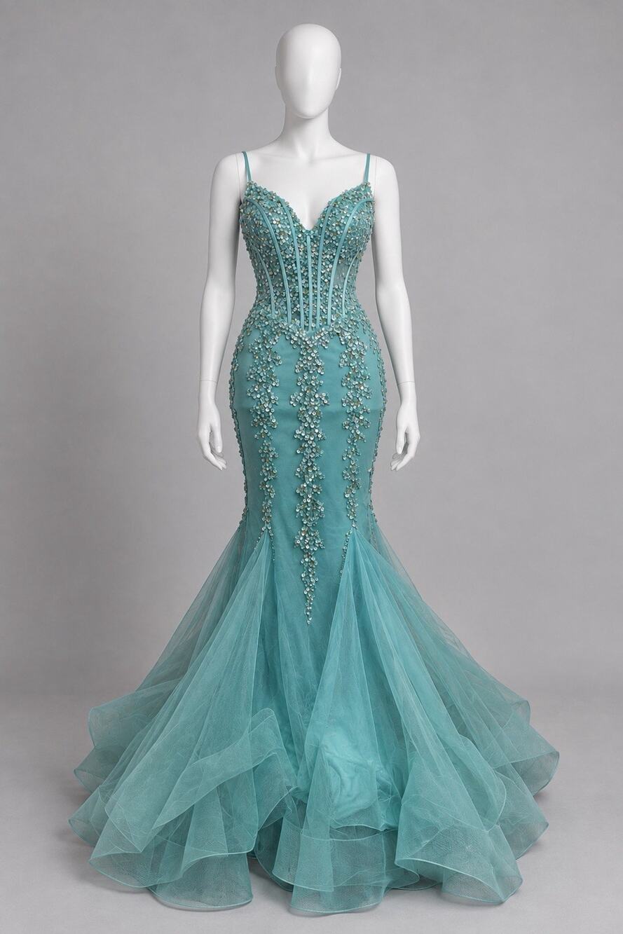 Jovani Mermaid Prom Dress 0 Aqua Blue Beaded Sequin Tulle Formal Gown XS￼